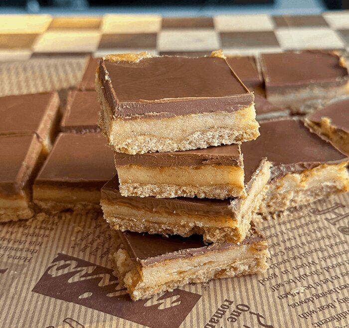 Caramel slice; a biscuit base, caramel, and chocolate topping